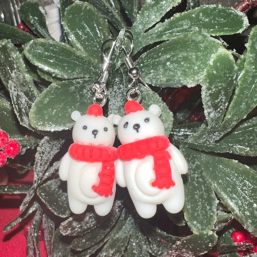 Cute Polar Bear Earrings with Red Scarf